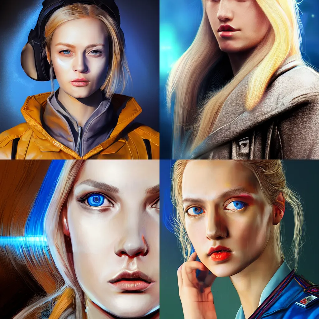 Prompt: Realistic sci-fi close-shot portrait painting of a young female blonde scientist with light skin and blue eyes wearing an intricate leather coat, dark flat color background, colorful digital art, by Jason Chan. trending on artstation