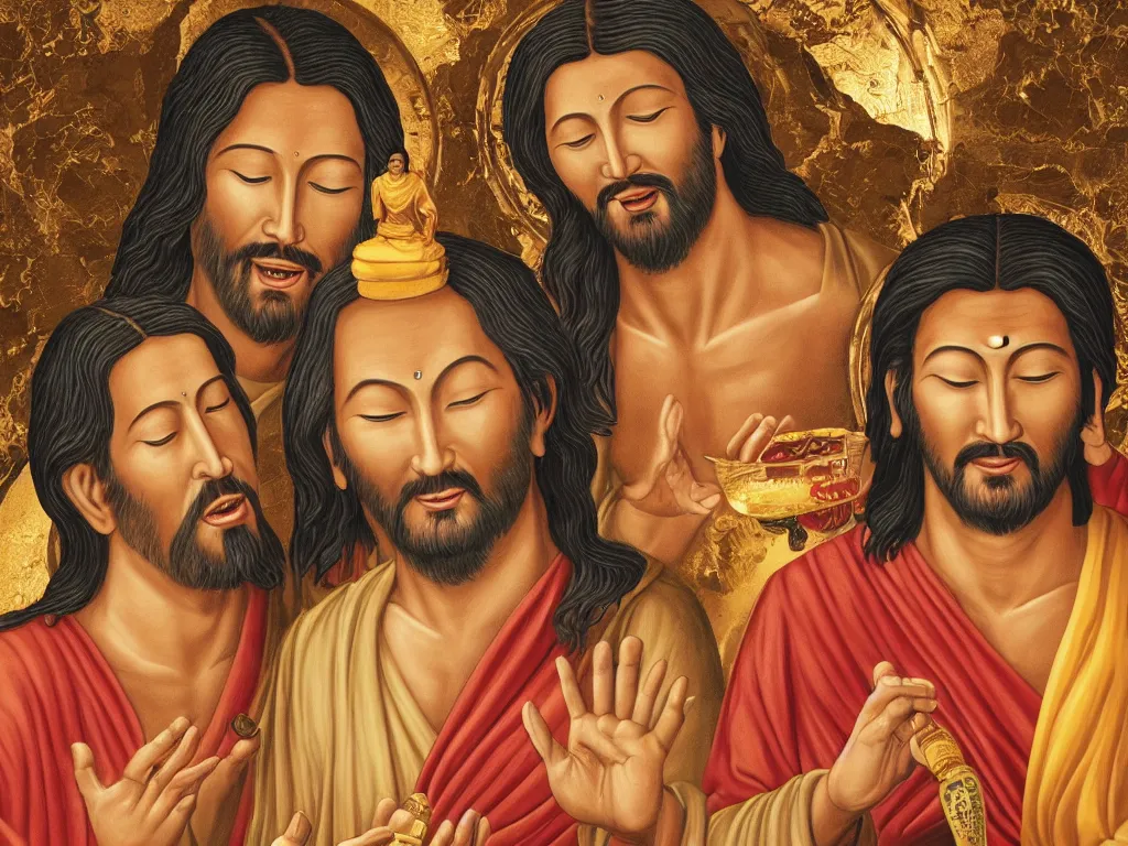 Image similar to jesus and buddha sit drink and laugh together in dessert, hyperrealistic picture,with keanu reves as jesus and jackie chan as buddha,winning of of religion tolerance award 2055,4k,details