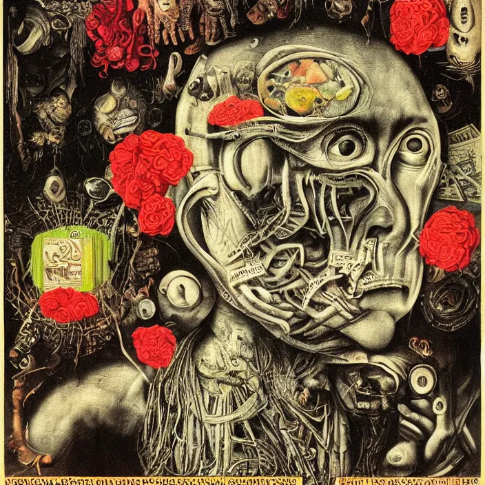 Image similar to post - punk new age album cover, asymmetrical design, dollar bank notes, capitalism, magic, apocalypse, psychedelic, black white pink, highly detailed, magic, giger h. r., giuseppe arcimboldo