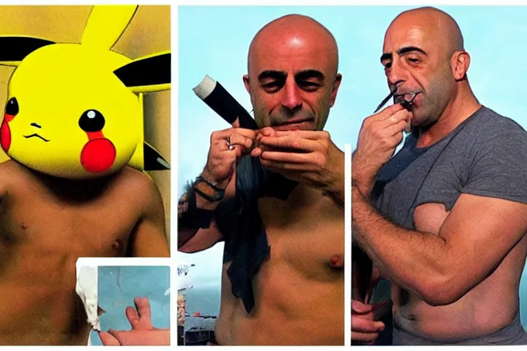 Image similar to joe rogan smoking weed with pikachu