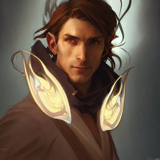 Prompt: digital character concept art by artgerm and greg rutkowski and alphonse mucha. clear portrait of a male half elf bard with light brown hair, light effect. hyper detailed, glowing lights!! intricate, elegant, digital painting, artstation, smooth, sharp focus