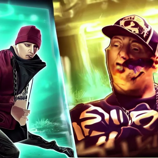Image similar to rapper eminem as a character in the game league of legends, with a background based on the game league of legends, detailed face