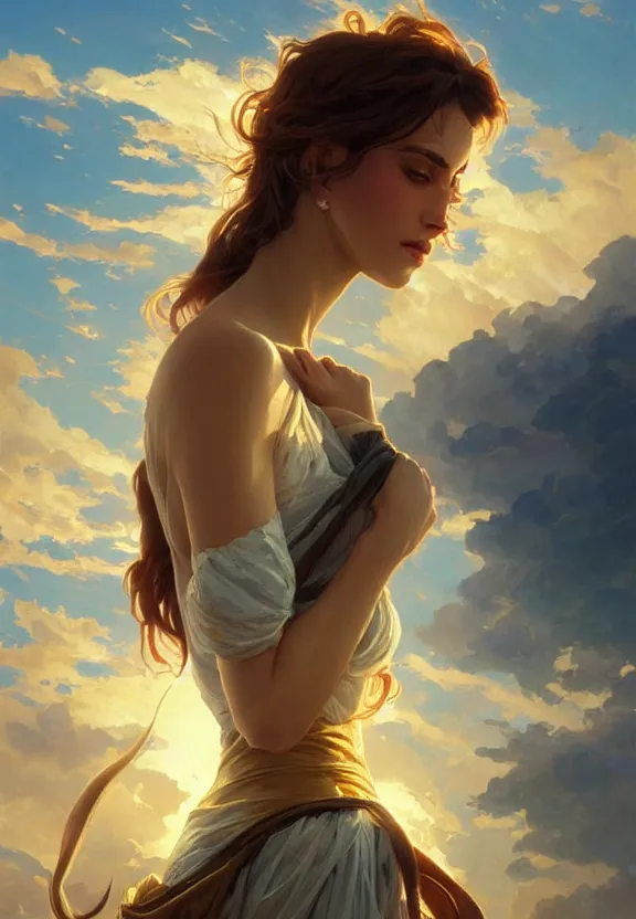 Prompt: Lamia, posing heroically, heavenly sunlit clouds background, close-up shot, elegant, digital painting, golden hour, cinematic, epic, trending on artstation, concept art, smooth, sharp focus, illustration, art by artgerm and Greg Rutkowski and Alphonse Mucha