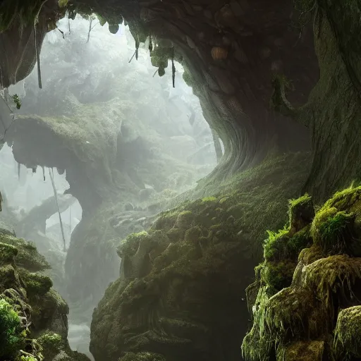 Image similar to yggdrasil in a deep mossy cavern, cinematic, ffxiv, very realistic, very detailed, hyperrealistic, octane render, high resolution, god rays, landscape, wide shot