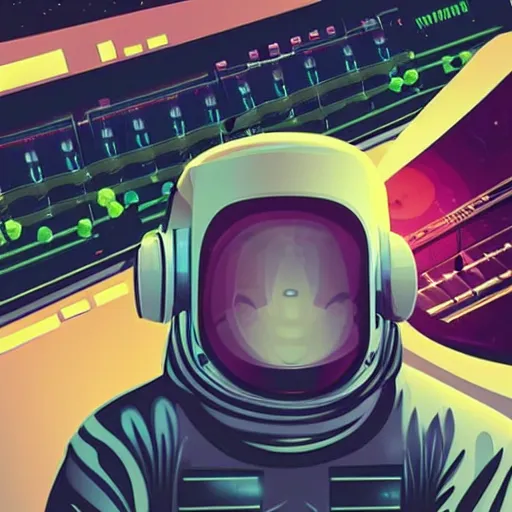 Prompt: an astronaut, using a synthesizer in a music studio, [ floating ]!!, synthwave art style, trending on cgsociety, golden ratio!!!, centered!!!