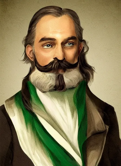 Image similar to an old french baron, long hair, wear an elegant mustach, white scarf, green shirt by artgem, digital art, highly detailled