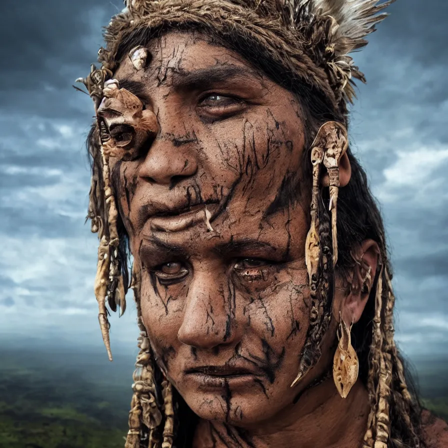 Image similar to extremely detailed award winning national geographic face portrait photography uncut centered and realistic from ancient mayan elder shaman warrior with terrifying face tattoos and heavy bone piercings . 64megapixel. 4k 8k. Photorealistic artwork. Influenced by the movie apocalypto. Landscape background what is slightly blurry and windy.