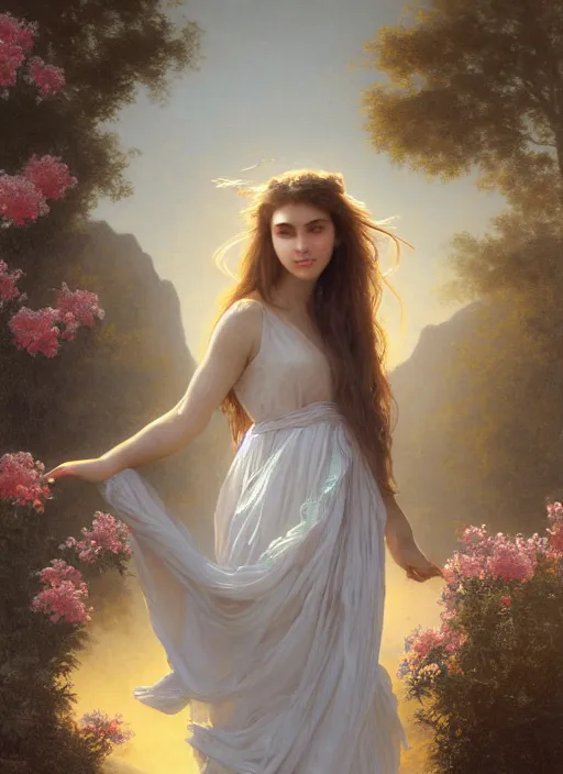 Image similar to oil painting portrait of a young woman with long flowing hair in a white dress, dancing through a field of flowers at sunset with mountains in the background, hazy, digital art, chiaroscuro, artstation, cinematic, golden hour, digital art painting by greg rutkowski, william - adolphe bouguereau, hazy atmosphere, flowers, cinematic lighting