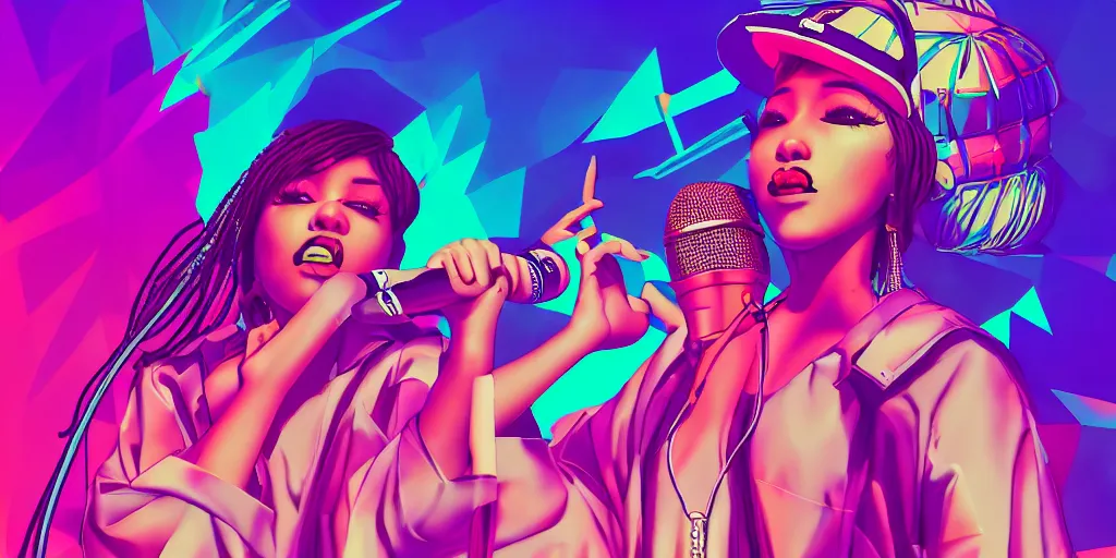 Prompt: lady rapper performing at huge festival holding microphone, epic pose, digital art, vaporwave, psychedelic, surreal, hip hop, trending on Artstation, professional artist, detailed, 4k