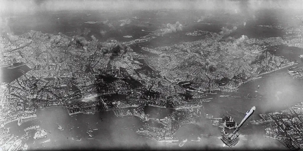 Prompt: the bombing of rio de janeiro ( 1 9 3 0 ), historical photograph, highly detailed, 4 k, real, early 2 0 th century, wide angle, bomber planes