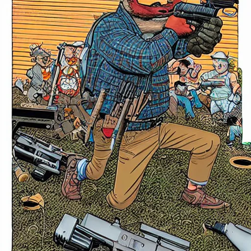 Image similar to a racoon shooting a machine gun by geof darrow, detailed, realistic shading