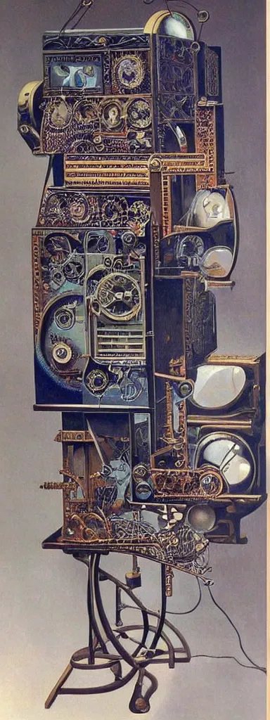 Image similar to An intricate, highly detailed and technologically advanced steampunk computer painted by Rene Magritte and Salvador Dali