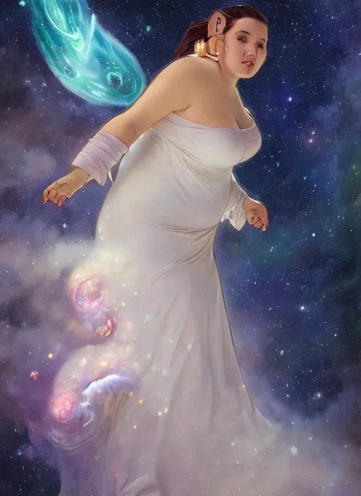 Image similar to a chubby woman with pointed ears, wearing a white sundress, and a swirling sparkling cloud galaxy nebula for hair, realistic painting by ross tran and gerald brom and alphonse mucha, artgerm, trending on artstation