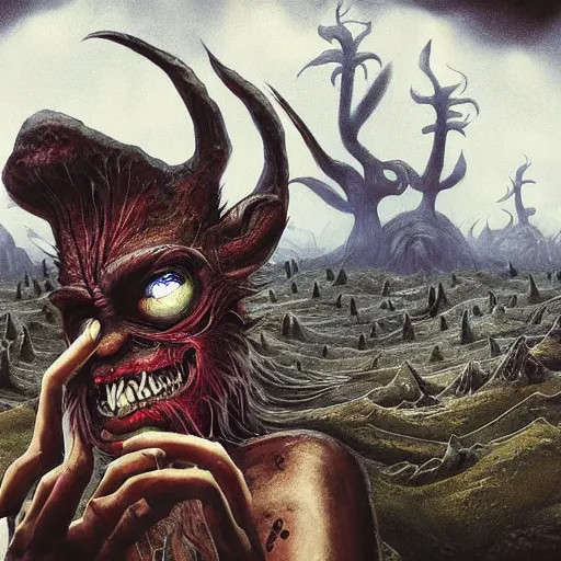 Image similar to 4 k headshot portrait of a psychedelic demonic anthropomorphic wendigo smoking a hand - rolled cigarette smoking heavily, magic mushroom village in background. award winning. superb resolution. in the art style of junji ito and greg rutkowski. detailed mushroom city in background. hyper realistic anime. perfect art. dalle 2