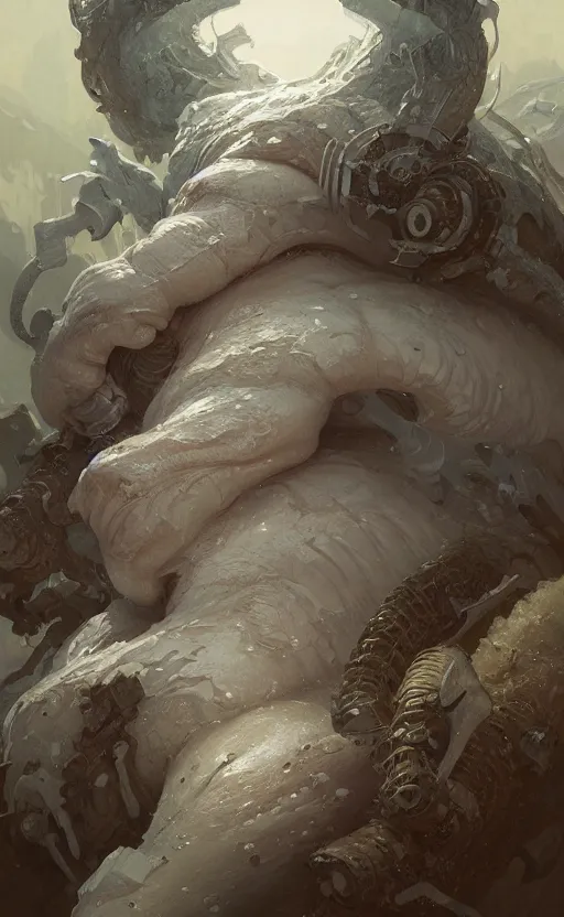 Image similar to a dynamic portrait of a gigantic white monstrosity, a fat tank monster made of ingrown white bodies, concept art, deep focus, fantasy, intricate, highly detailed, digital painting, artstation, matte, sharp focus, illustration, art by greg rutkowski and alphonse mucha