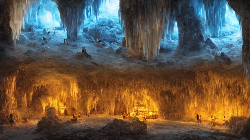 Prompt: an underground village in an ice cave with straw hut houses with a golden cave off to the left, painting, fantasy, dreamy lighting, detailed, intricate, high fantasy, 4 k