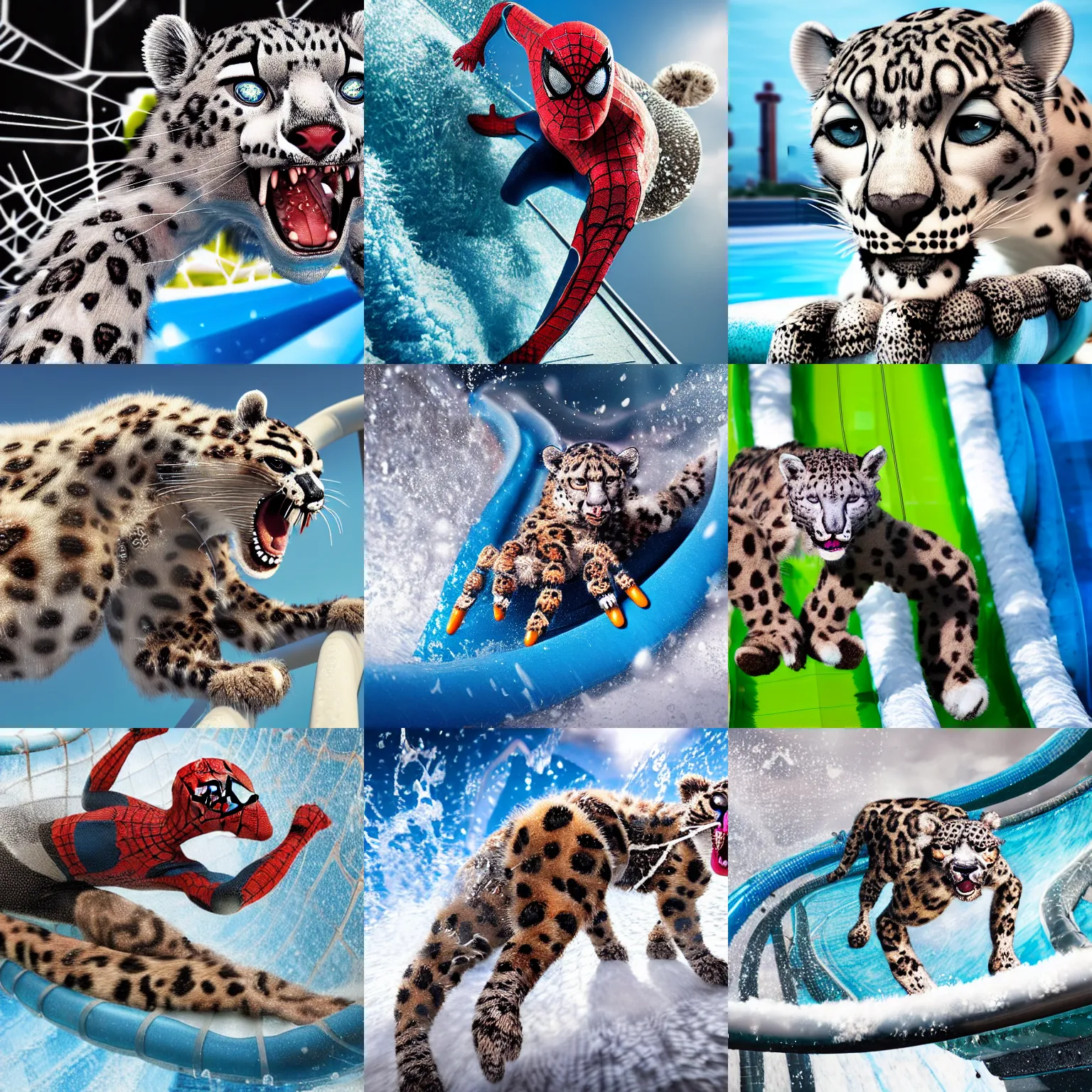 Prompt: a closeup photorealistic photograph of a knitted spider man themed snow leopard riding down a water slide. splashing. professional capture. bright scene. this 4 k hd image is trending on artstation, featured on behance, well - rendered, extra crisp, features intricate detail, epic composition and the style of unreal engine.