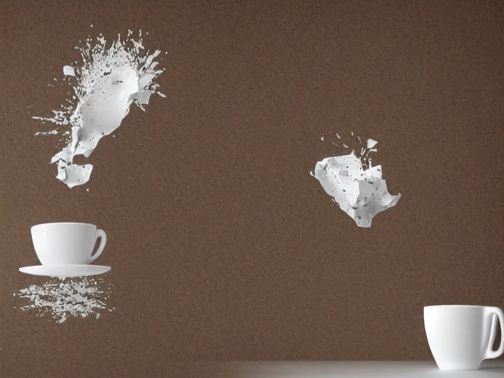 Prompt: 3D art, a coffee cup shattering against a wall