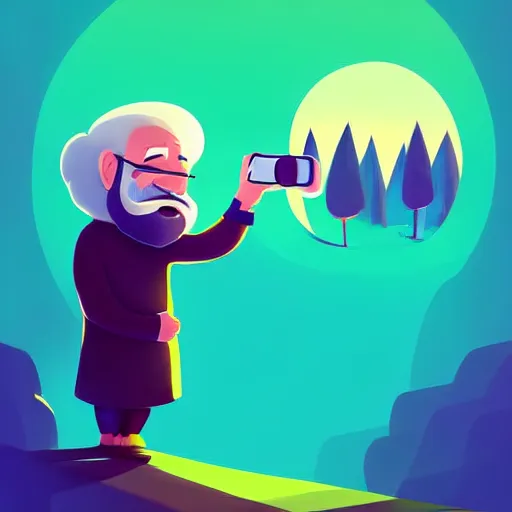 Image similar to curled perspective digital art of a cute smiling beard grandpa cartoon character taking a photo to a baby girl by anton fadeev