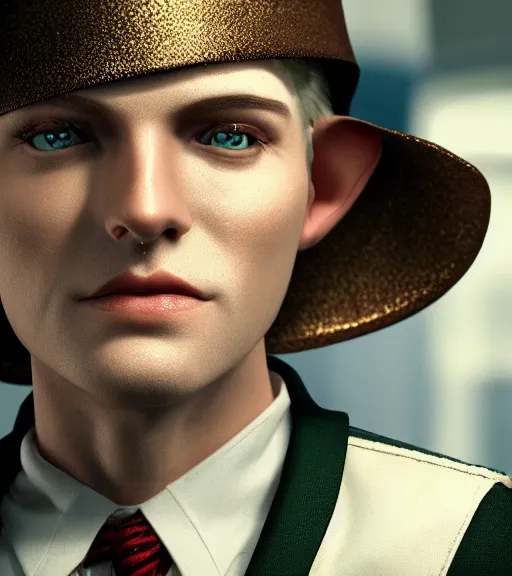 Prompt: an elf in a suit, gatsby hat, detailed portrait, detailed face, perfect lighting hd, 4 k, realistic, photorealistic, octane render