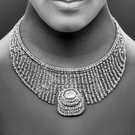 Prompt: catalog photograph of a woman's necklace in white gold. the necklace sparkles around the model's neck, reflecting and refracting light. the necklace is made up of lots of small gold rings encrusted with precious stones.