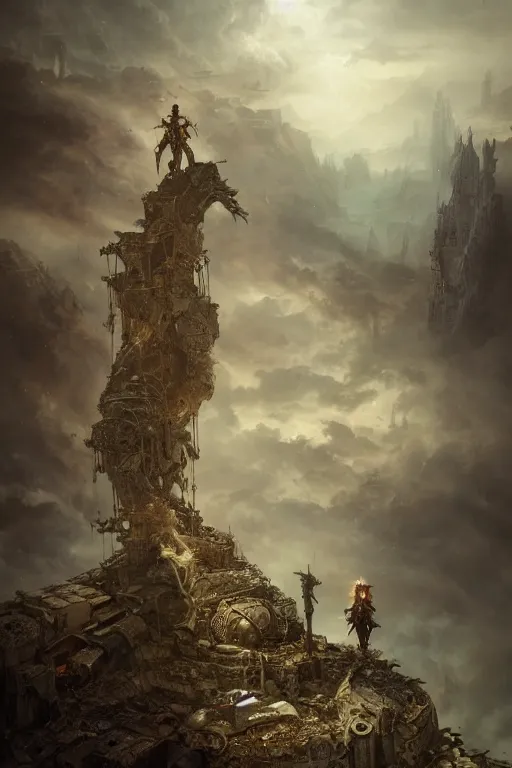 Image similar to Abstract tech action scene of a old steampunk warrior facing a gigantic etheral monster looking down on top of ruins, horror, volumetric clouds focus, detailed, realistic eyes, symmetric body features proportions, intricate details, award winning, by Tom Bagshaw