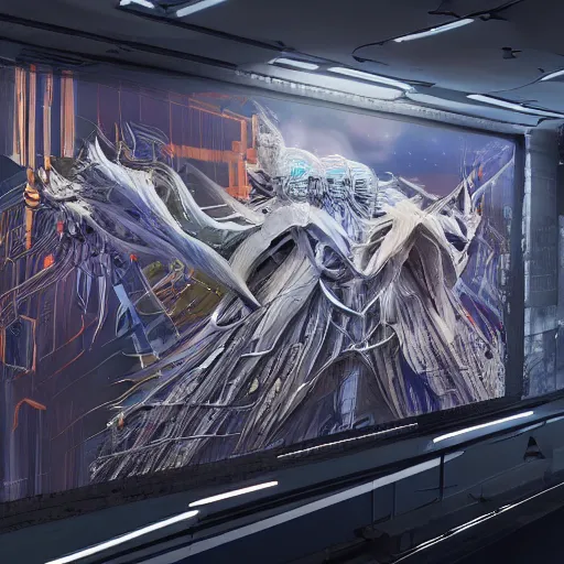 Image similar to sci-fi motherboard structure on the coronation of napoleon painting and digital billboard in the middle, unreal engine 5, keyshot, octane, artstation trending, ultra high detail, ultra realistic, cinematic, 8k, 16k, in style of zaha hadid, in style of nanospace Michael Menzelincev, in style of Lee SOUDER, colors in style of the Blade Runner 2049, in plastic, dark, tilt shift,