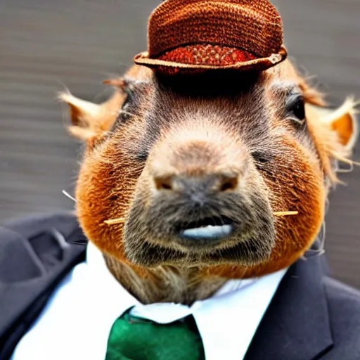 Image similar to smoking cigar, a man wearing a suit capybara head (smoking cigar)