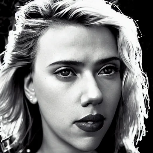 Prompt: black and white vogue closeup portrait by herb ritts of a beautiful model, scarlett johansson, high contrast