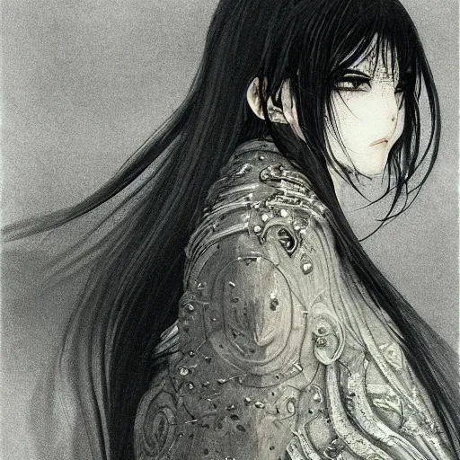 Image similar to yoshitaka amano blurred and dreamy realistic illustration of an anime girl with wavy white hair and cracks on her face wearing elden ring armour with the cape fluttering in the wind, abstract black and white patterns on the background, noisy film grain effect, highly detailed, renaissance oil painting, weird portrait angle