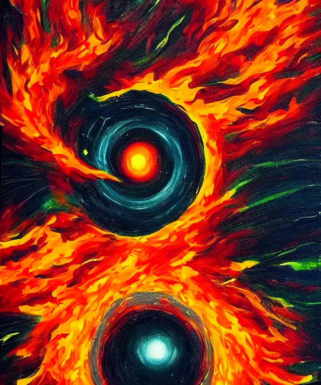 Image similar to blackhole sun, space, painting, bright colors, orange flames