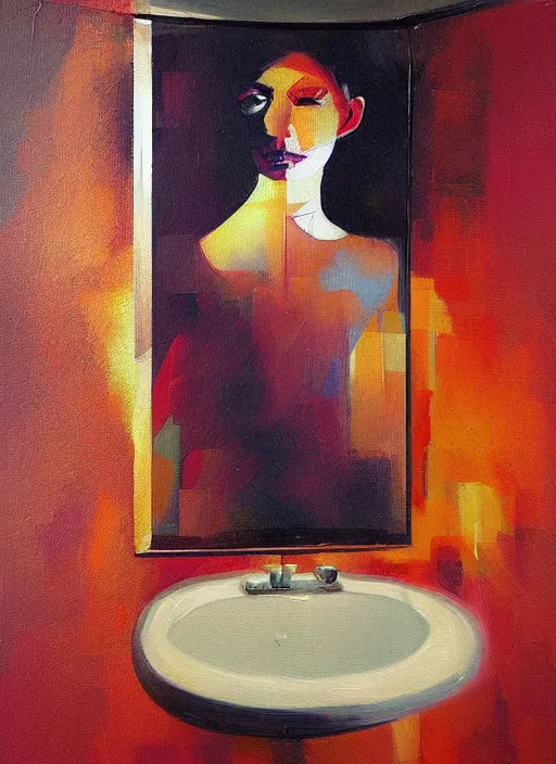 Image similar to a beautiful glitched painting by christian hook and alex kanevsky of a woman in a bathroom, still life, warm colors