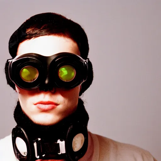 Image similar to kodak portra 4 0 0 photograph of a cybergoth guy wearing goggles and eclectic jewelry, telephoto, 9 0 s vibe, blurred background