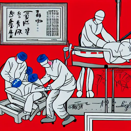 Image similar to chinese surgeons operating on a body on an operating table, in the style of daniel johnston and outsider art, 8k, line brush, minimal, overlaid with chinese adverts