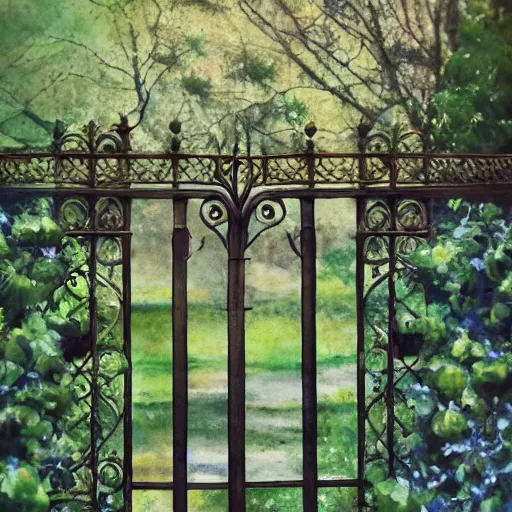 Image similar to out of focus, delicate, chairs, garden, paved, botanic watercolors, iridescent, 8 k, realistic shaded, fine details, artstation, italian, iron gate, tree, mediterranean