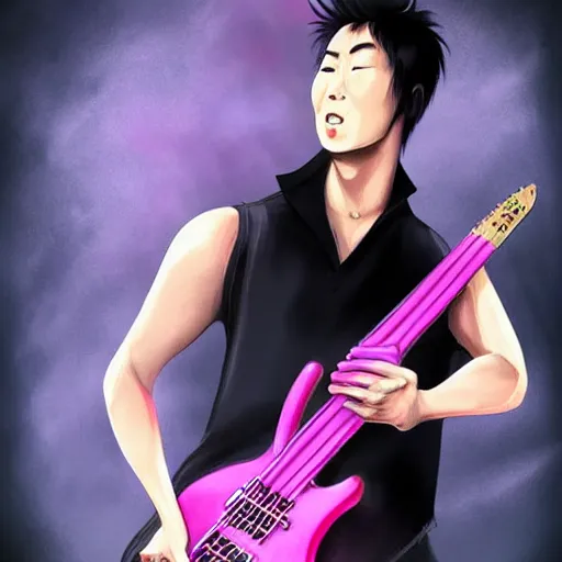 Image similar to chinese rocker guy with short hair wearing a serious expression and looking up, wearing a black vest and playing a pink guitar, smoke in the background, full color digital illustration in the style of frank frazetta,, artgerm, artstation trending