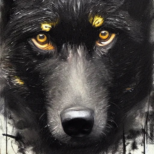 Prompt: a portrait of a black wolf, art by Guy Denning, matte painting, high detail, award winning, photorealistic