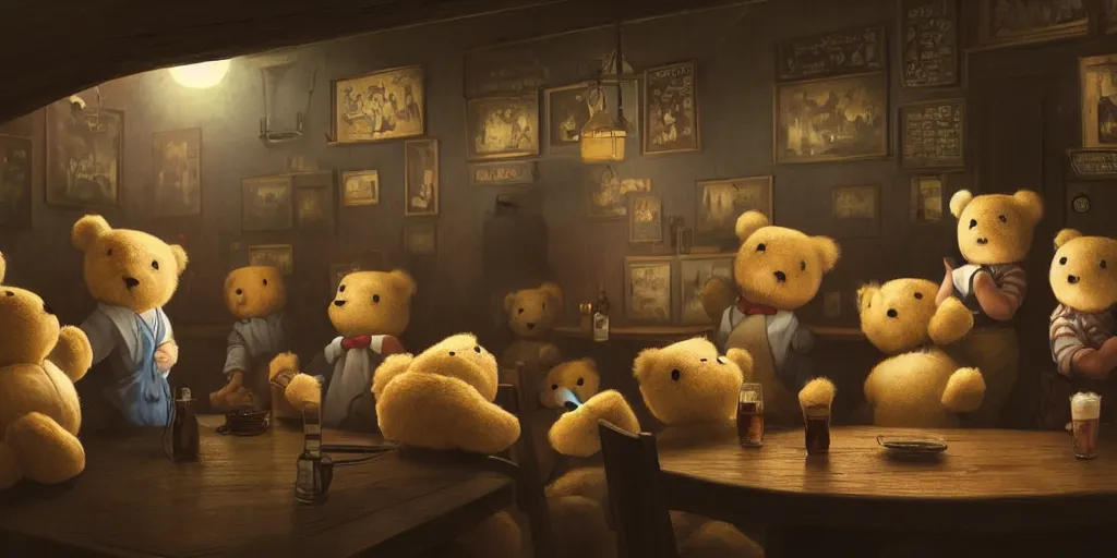 Prompt: at a english night pub, several teddy bear happily dancing in a circle, dark soft color scheme, natural lighting, intricate details, matte painting, children illustration, by hayao miyazaki