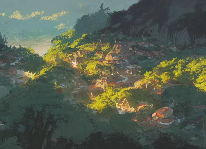 Image similar to concept art painting of a distant small woodland village by a river in a mountain valley seen from above, midnight, european japanese buildings, cel shaded, realistic, by makoto shinkai and moebius and anton fadeev and greg rutkowski and james gurney