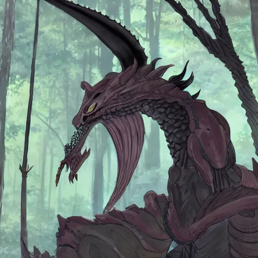 Image similar to concept art painting of an anthropomorphic dragon king with black robes, a long neck, and skull mask, in a deep forest, cel shaded, in the style of makoto shinkai and james gurney and studio ghibli and moebius