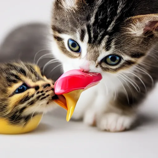 Prompt: a kitten licking a duck, studio photography, close - up