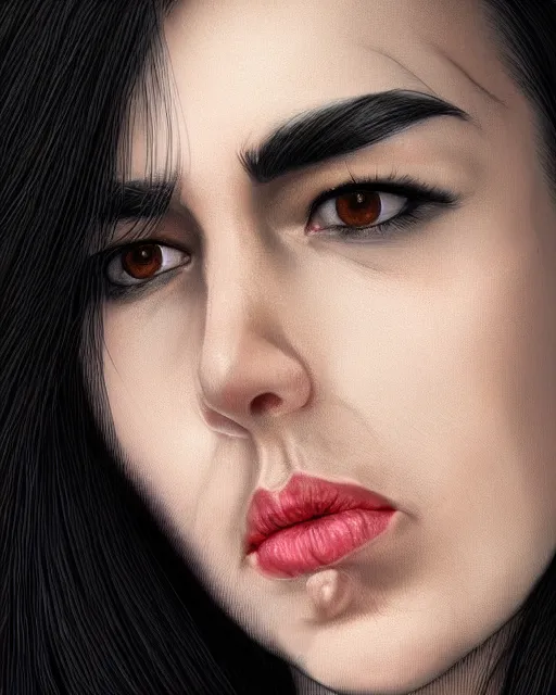 Image similar to portrait of a tall 4 0 - year - old woman with thin lips, long, lush black hair gathered on the head, and thick eyebrows, wearing in black clothes, aristocratic appearance, hyper realistic face, beautiful eyes, character art, art by mark brooks, hyperdetailed, cryengine, trending on artstation, digital art