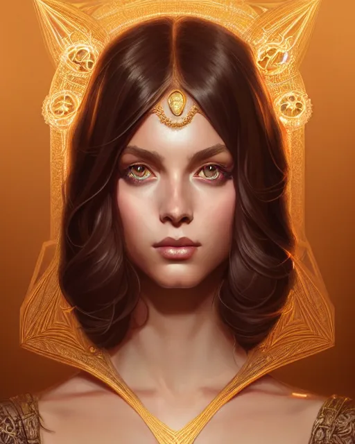 Prompt: symmetry portrait of brunette princess, glam, deco, glowing intricate, elegant, highly detailed, digital painting, artstation, concept art, smooth, sharp focus, illustration, art by artgerm and greg rutkowski and fra angelico and unreal engine 5