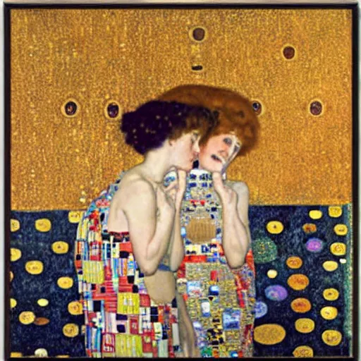 Prompt: gustav klimt painting of two women looking at a data dashboard and making a decision of great significance