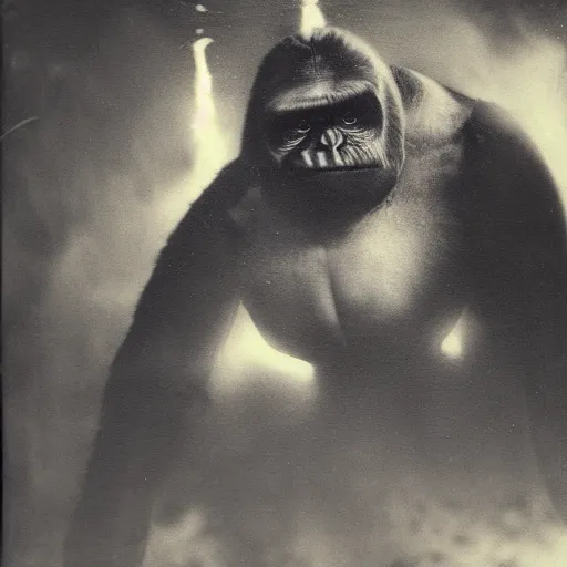 Prompt: tintype photo, underwater, King Kong and a squid