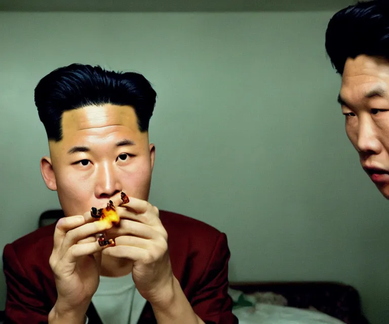 Image similar to hyperralism pineapple express movie still photography of detailed north korean kim chen with detailed face smoking weed in basement bedroom photography by araki nobuyoshi