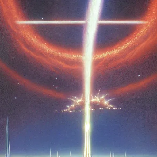 Image similar to spires made of laser energy shooting down from the heavens bursting the ground by les edwards