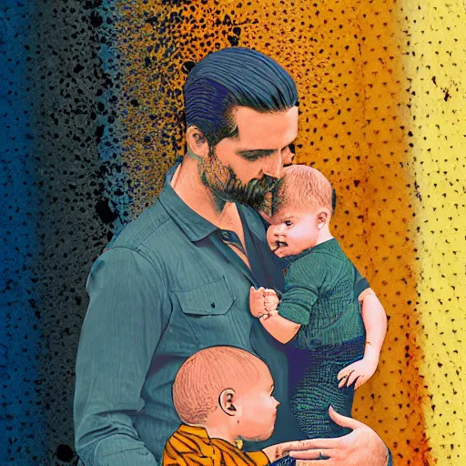 Prompt: hyperdetailed beautiful artistic digital paper collage of a father with a beautiful baby. interesting textures in vibrant tones. maximalist illustration in the style of a mixed media collage. half-lenght. matte background. well done. perfect HD 8x
