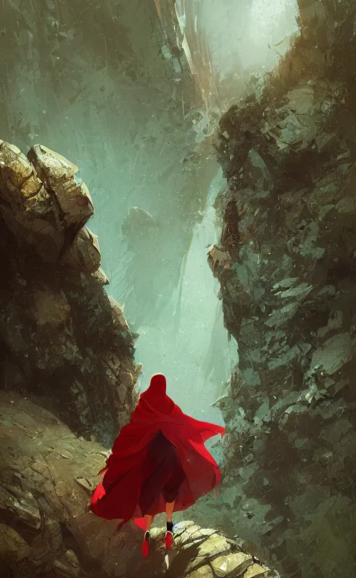 Image similar to a beautiful illustration of a woman with red hood walking between rocks, by greg rutkowski, digital artwork, artstation, cgartists, conceptartworld, deviantart, magic the gathering artstyle, floating magical rocks, lush green meadow