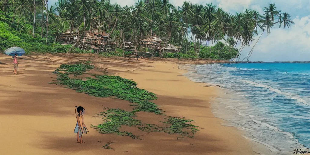 Image similar to sri lankan beach, drawn by hayao miyazaki